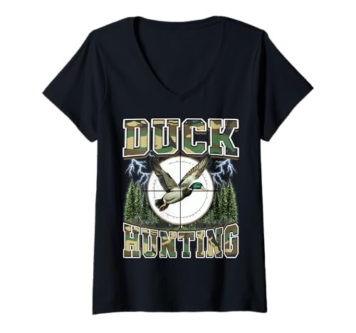 Damen Duck Hunting Duck Hunter Camouflage Bootleg-Stil der 90er T-Shirt mit V-Ausschnitt Damen Duck Hunting Duck Hunter Camouflage Bootleg-Stil der 90er T-Shirt mit V-Ausschnitt von Duck Hunting Duck Hunter 90s Retro Bootleg Gifts