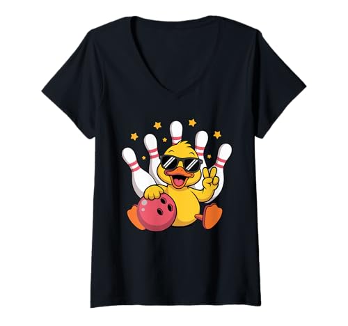 Damen Lustiger Bowlingball mit Entenvogel, niedlicher grafischer Tier-Bowler T-Shirt mit V-Ausschnitt von Duck Playing Bowling Graphic