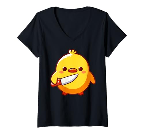 Damen Ente mit Messer Meme Küken mit Messer T-Shirt mit V-Ausschnitt von Duck With Knife MEME