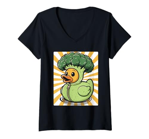 Damen Brokkoli-Ente Veggie Vegan Vegetarisch T-Shirt mit V-Ausschnitt von Duckling Broccoli