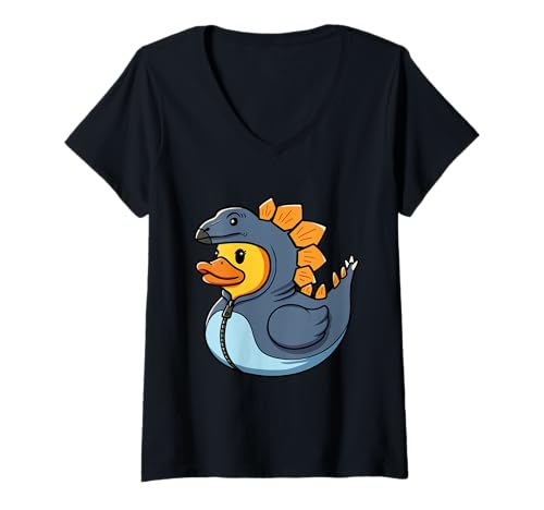 Damen Stegosaurus Ente Dinosaurier T-Shirt mit V-Ausschnitt von Duckling Jurassic Cretaceous Dino