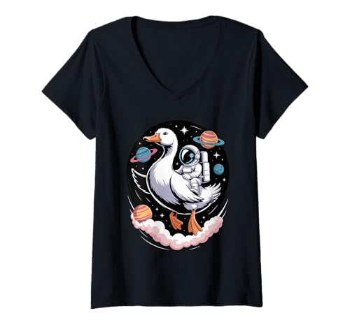 Damen Ente Astronaut Enten Planeten Sonnensystem T-Shirt mit V-Ausschnitt von Ducks Duck Lover Gifts