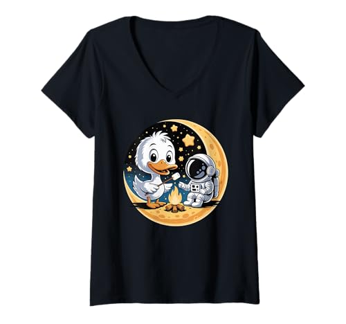 Damen Ente Astronaut Lagerfeuer Camping Halbmond T-Shirt mit V-Ausschnitt Damen Ente Astronaut Lagerfeuer Camping Halbmond T-Shirt mit V-Ausschnitt von Ducks Duck Lover Gifts