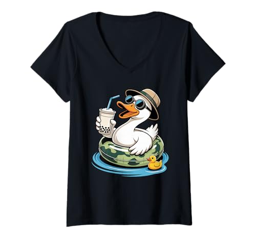 Damen Ente Boba Perle Milchtee Enten T-Shirt mit V-Ausschnitt Damen Ente Boba Perle Milchtee Enten T-Shirt mit V-Ausschnitt von Ducks Duck Lover Gifts