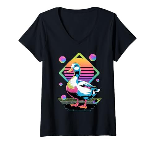 Damen Ente Retro Synthwave Enten T-Shirt mit V-Ausschnitt von Ducks Duck Lover Gifts
