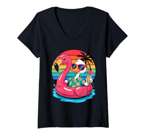 Damen Ente Sonnenbrille Strand Sommer Urlaub Schwimminsel Flamingo T-Shirt mit V-Ausschnitt Damen Ente Sonnenbrille Strand Sommer Urlaub Schwimminsel Flamingo T-Shirt mit V-Ausschnitt von Ducks Duck Lover Gifts