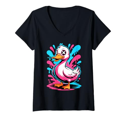 Damen Graffiti Schmelzend Kunst Ente Enten T-Shirt mit V-Ausschnitt Damen Graffiti Schmelzend Kunst Ente Enten T-Shirt mit V-Ausschnitt von Ducks Duck Lover Gifts