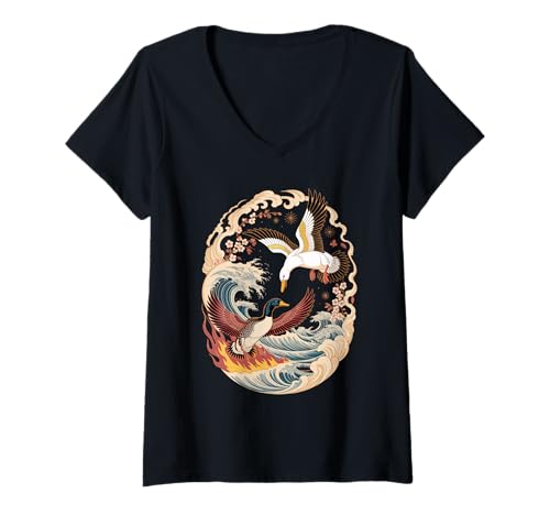 Damen Japanische Kunst Wellen Enten Ente T-Shirt mit V-Ausschnitt Damen Japanische Kunst Wellen Enten Ente T-Shirt mit V-Ausschnitt von Ducks Duck Lover Gifts