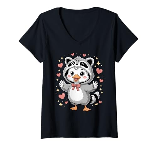 Damen Kawaii Ente Waschbär Kostüm Enten T-Shirt mit V-Ausschnitt von Ducks Duck Lover Gifts