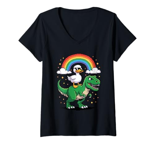 Damen Pixel Stil Kunst Ente T-Rex Tyrannosaurus 8-Bit Grafik T-Shirt mit V-Ausschnitt von Ducks Duck Lover Gifts
