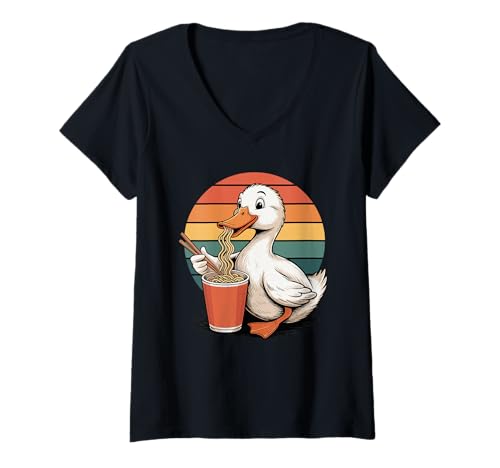 Damen Retro Ente Instant Becher Nudeln Enten T-Shirt mit V-Ausschnitt von Ducks Duck Lover Gifts