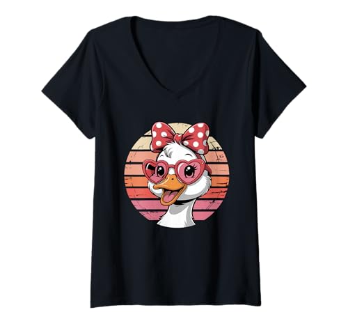 Damen Retro Ente Sonnenbrille Enten T-Shirt mit V-Ausschnitt von Ducks Duck Lover Gifts