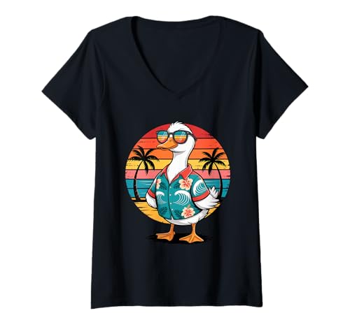 Damen Retro Sonnenuntergang Ente Sonnenbrille Hawaii Strand Sommer T-Shirt mit V-Ausschnitt von Ducks Duck Lover Gifts