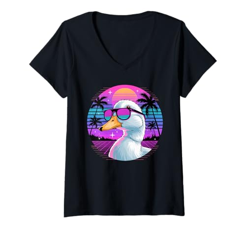 Damen Retro Synthwave Ente Sonnenbrille Enten T-Shirt mit V-Ausschnitt von Ducks Duck Lover Gifts