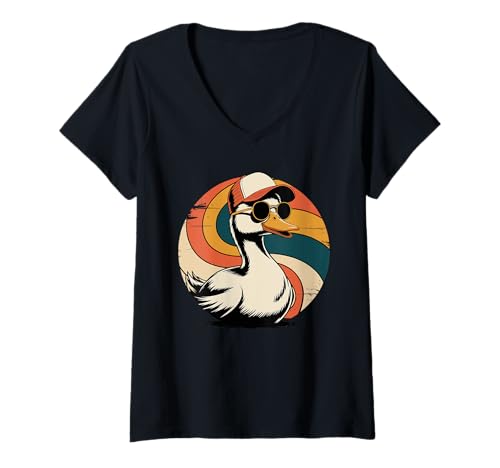 Damen Retro Wirbel Ente Sonnenbrille Enten T-Shirt mit V-Ausschnitt Damen Retro Wirbel Ente Sonnenbrille Enten T-Shirt mit V-Ausschnitt von Ducks Duck Lover Gifts