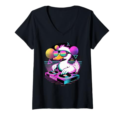 Damen Synthwave Ente DJ Musik Kopfhörer Disc Jockey T-Shirt mit V-Ausschnitt von Ducks Duck Lover Gifts