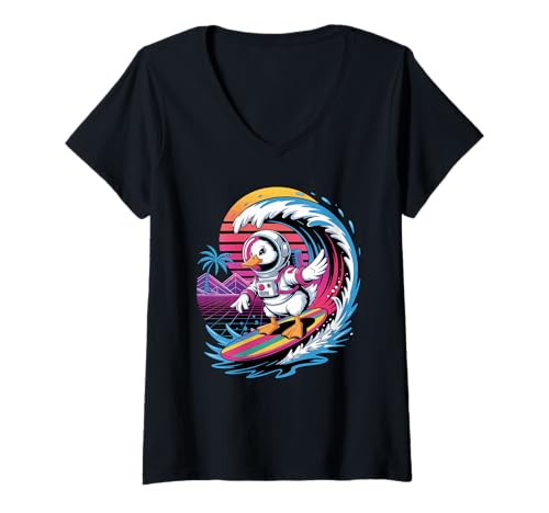 Damen Synthwave Surfer Ente Astronaut Enten T-Shirt mit V-Ausschnitt Damen Synthwave Surfer Ente Astronaut Enten T-Shirt mit V-Ausschnitt von Ducks Duck Lover Gifts
