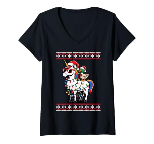 Damen Weihnachten Ente Einhorn Sonnenbrille Enten T-Shirt mit V-Ausschnitt von Ducks Duck Lover Gifts
