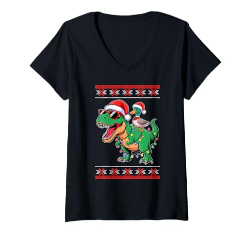 Damen Weihnachten Ente T-Rex Dinosaurier Tyrannosaurus Rex Enten T-Shirt mit V-Ausschnitt Damen Weihnachten Ente T-Rex Dinosaurier Tyrannosaurus Rex Enten T-Shirt mit V-Ausschnitt von Ducks Duck Lover Gifts