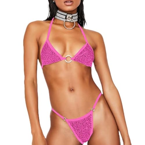 Ducomi Bling Damen-Badeanzug mit Zwei Teilen – Bikini mit Kristallbesetztem Triangel-Top und Hoch Geschnittenem Tanga - Sexy Strandbekleidung (Pink, L) von Ducomi