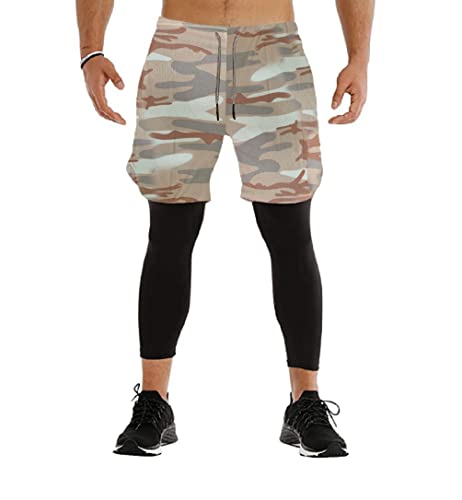 Ducomi Cal Herren Fitness Shorts + Leggings Kompression Running 2 in 1 - lange Hose und Shorts für das Fitnessstudio - Tight Sport, Laufen, Sport, Fitnessstudio und Basketball, Camouflage-Beige, S von Ducomi