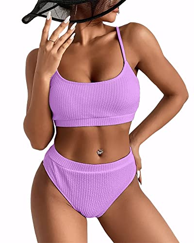 Ducomi Jen Damen-Badeanzug mit Zwei Teilen – Geprägter Bikini mit Gepolstertem Push-Up-Oberteil und Hoch Tailliertem Brasilianischen Tanga - Sexy Strandkostüme (Purple, M) von Ducomi