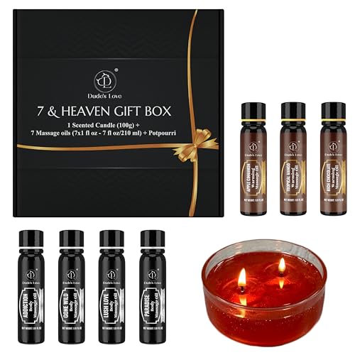 Dude's Love - 7 & Heaven Geschenkbox – Valentinstag-Geschenkset für Paare | Flitterwochen, Hochzeit, Brautparty, Jubiläum – Duftkerze, 7 aromatische Massageöle, Potpourri-Beutel von Dude's Love