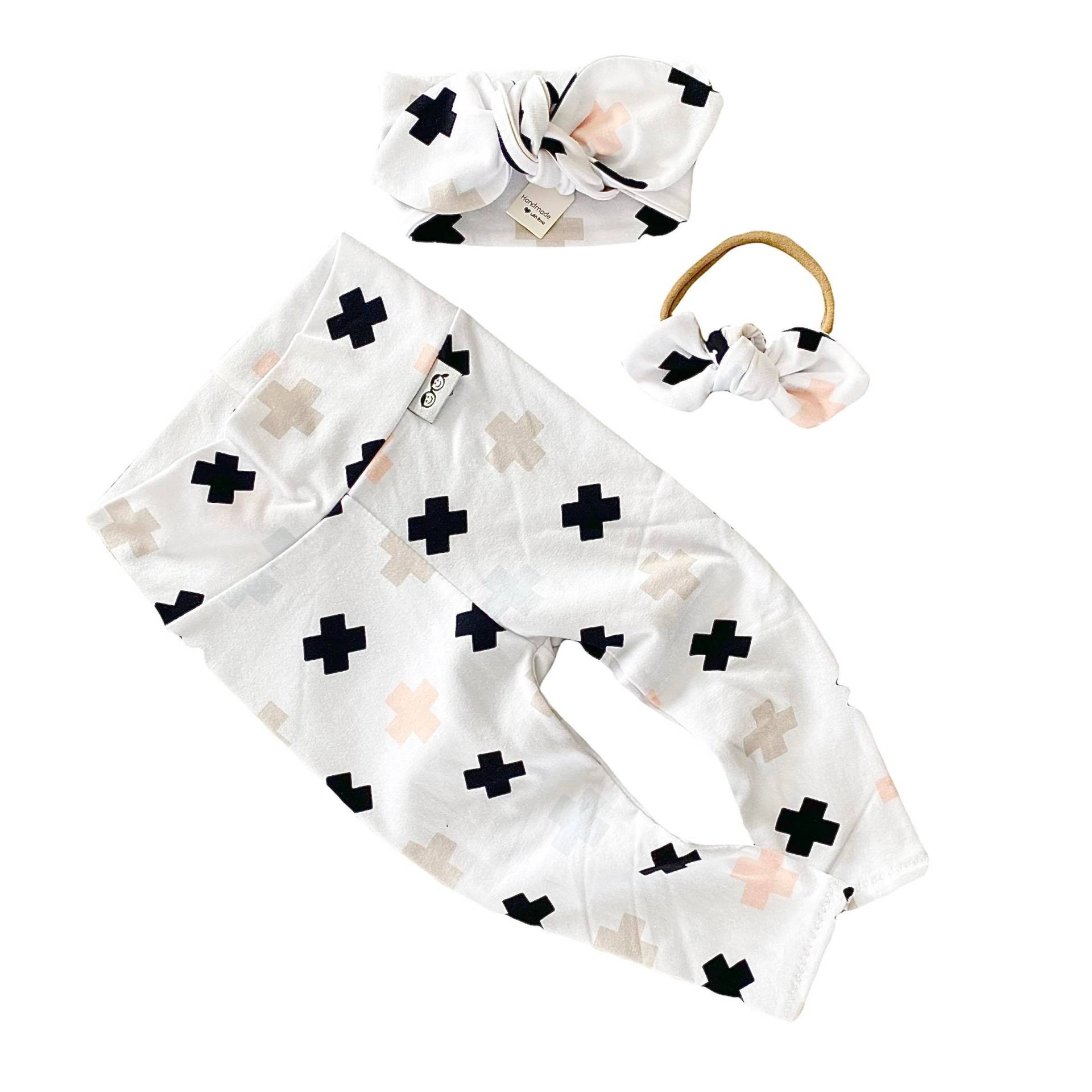 Cross Monochrome Leggings Und/Oder Top Knot Stirnbänder Set, Frühchen Mädchen Kleidung, Neugeborenen Coming Home Outfit, Babyhosen & Schleifen von DudisDesign