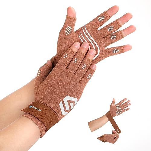 Duerer Arthritis-Kompressionshandschuhe mit Riemen, Damen Herren für RSI, Karpaltunnel, Rheuma, Sehnenscheidenentzündung, Handschmerzen, Handstütze. Fingerlose Handschuhe für Computer (Braun, L) von Duerer