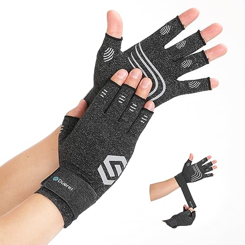 Duerer Arthritis-Kompressionshandschuhe mit Riemen, Damen Herren für RSI, Karpaltunnel, Rheuma, Sehnenscheidenentzündung, Handschmerzen, Handstütze. Fingerlose Handschuhe für Computer (Grau, S) von Duerer