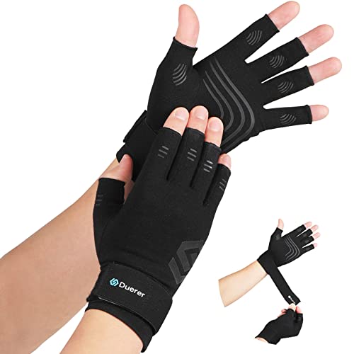 Duerer Arthritis-Kompressionshandschuhe mit Riemen, Damen Herren für RSI, Karpaltunnel, Rheuma, Sehnenscheidenentzündung, Handschmerzen, Handstütze. Fingerlose Handschuhe für Computer (Schwarz, L) von Duerer