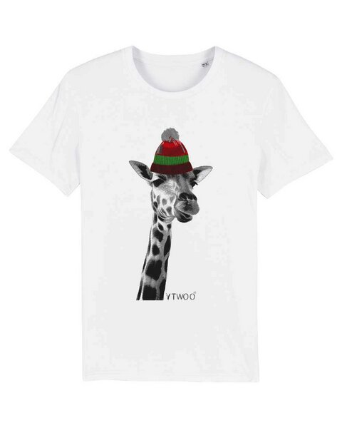 DüsselGreen Unisex T-Shirt bedruckt aus Bio Baumwolle | Giraffe mit Beanie Mütze Bunt von DüsselGreen