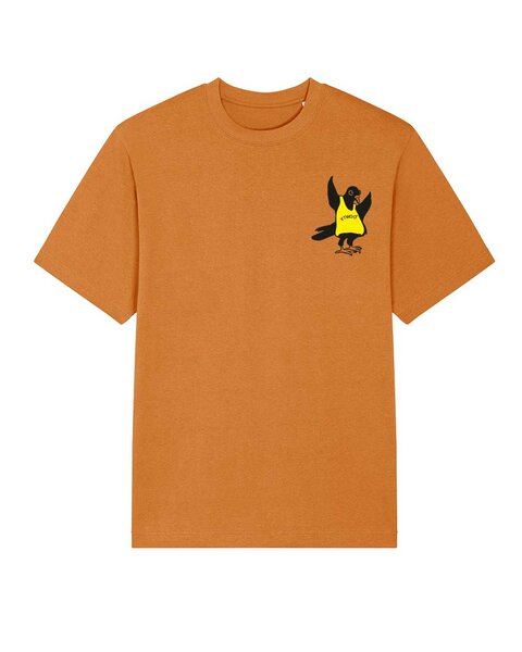 DüsselGreen Unisex T-Shirt bedruckt aus schwerer Bio Baumwolle | Pigeon Taube Hands Up Logo YTWOO Gelb von DüsselGreen