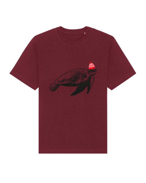 DüsselGreen Unisex T-Shirt bedruckt aus schwerer Bio Baumwolle | Turtle mit Beanie, Schildkröte von DüsselGreen