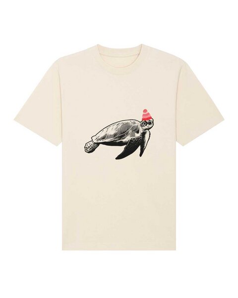 DüsselGreen Unisex T-Shirt bedruckt aus schwerer Bio Baumwolle | Turtle mit Beanie, Schildkröte von DüsselGreen