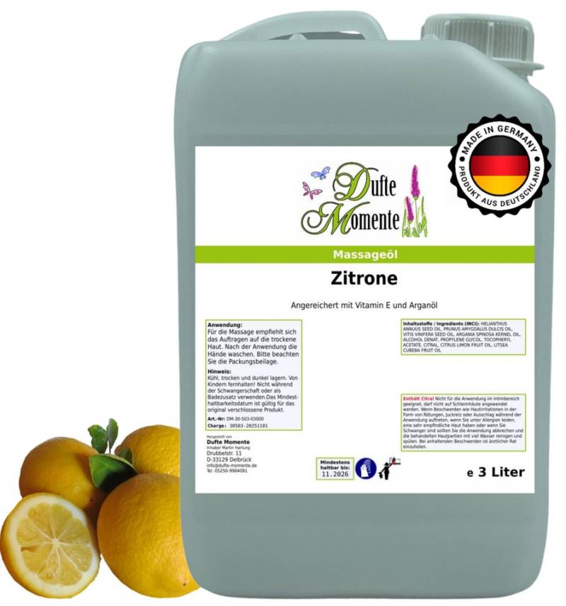 Dufte Momente Massageöl Zitrone 250ml - 3L, Paraffinölbasis, vegan & ohne Tierversuche von Dufte Momente