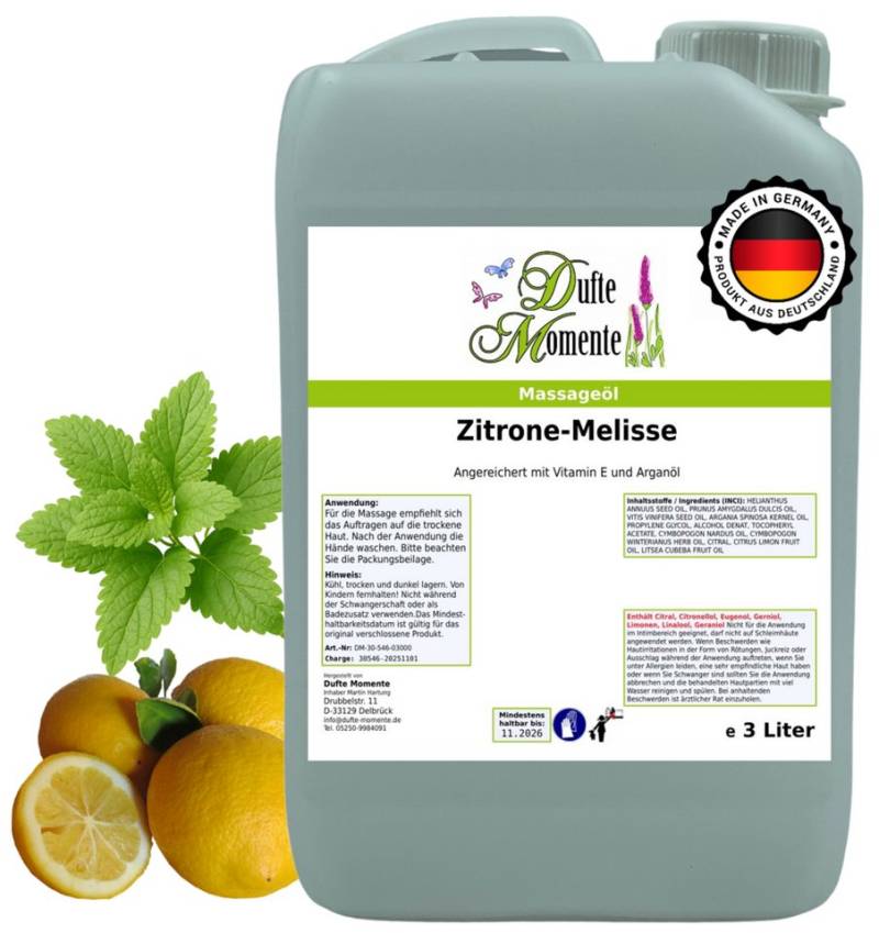 Dufte Momente Massageöl Zitrone-Melisse 250ml - 3L, Paraffinölbasis, vegan & ohne Tierversuche von Dufte Momente