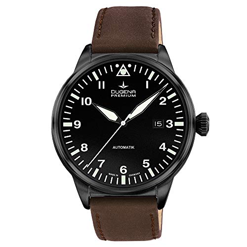 DUGENA Herren-Armbanduhr 7000308 Kappa 7 Airtrip, Automatik, schwarzes Zifferblatt, Edelstahlgehäuse, Saphirglas, Lederband, Dornschließe, 5 bar von Dugena