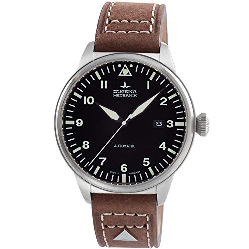 Dugena Herren-Armbanduhr Kappa 7 Airtrip, Automatik, schwarzes Zifferblatt, Edelstahlgehäuse, Saphirglas, Lederband, Dornschließe, 5 bar (Lederband braun) von Dugena