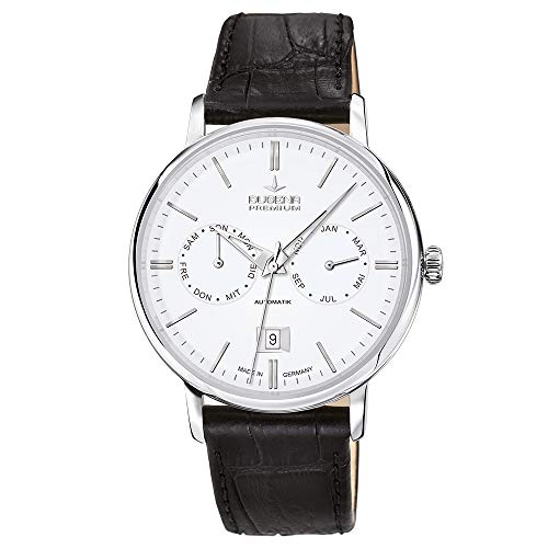 Dugena Herren-Armbanduhr 7000330 Festa Kalender, Automatik, Vollkalender, weißes Zifferblatt, Edelstahlgehäuse, Saphirglas, Lederarmband, Dornschließe, 5 bar von Dugena