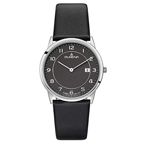 Dugena Herren-Armbanduhr Modena XL, Quarz, Edelstahlgehäuse, gehärtetes Mineralglas, Lederarmband, Dornschließe, 3 bar (schwarz/Silber/schwarz) von Dugena