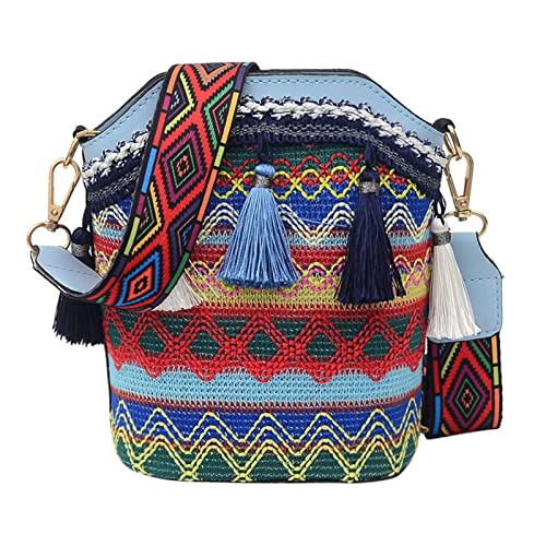 Duiaynke Frauen Stickerei Schulter Handtaschen, Boho Stil Helle Fransen Mode Eimer Tasche, Crossbody Taschen, Handtasche, Hell, blau von Duiaynke