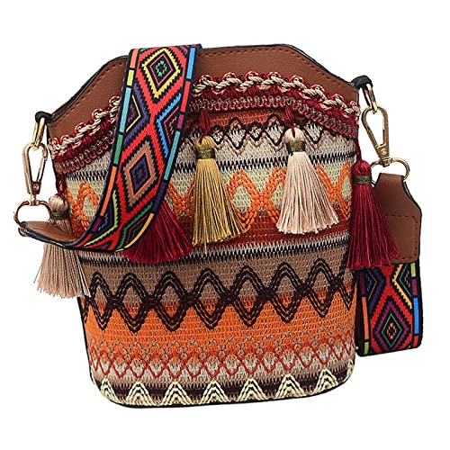 Duiaynke Frauen Stickerei Schulter Handtaschen, Boho Stil Helle Fransen Mode Eimer Tasche, Crossbody Taschen, Handtasche, Kaffee von Duiaynke