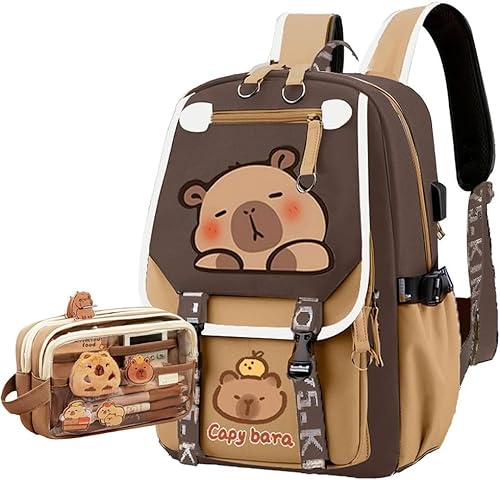 Dujuanus Capybara Rucksack für die Schule, Capybara Schulrucksack Teenager, Kinder Capybara Schultaschen mit Capybara Pencil Case, Kawai Schulrucksack für Schüler Reisen (H) von Dujuanus