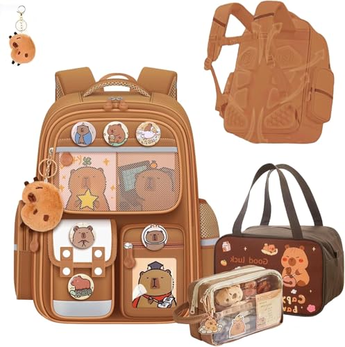 Dujuanus Capybara Rucksäcke, Capybara Kinderrucksack Schulrucksack Tagesrucksack Taschen Doppel Schultertasche, Geschenkset zum neuen Semester mit Federmäppchen und Lunchpaketen (Braun) von Dujuanus