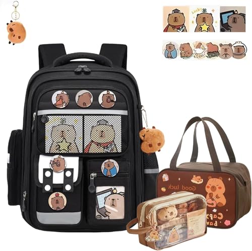 Dujuanus Capybara Rucksäcke, Capybara Kinderrucksack Schulrucksack Tagesrucksack Taschen Doppel Schultertasche, Geschenkset zum neuen Semester mit Federmäppchen und Lunchpaketen (Schwarz) von Dujuanus