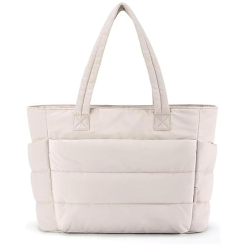 Dujuanus Handtasche Damen Groß Puffer, Puffer Schultertaschen, Gesteppte Tasche Stepptasche mit Reißverschluss, Hobo Bag Handtasche für Einkaufen Schule Reisen Arbeit (Beige) von Dujuanus