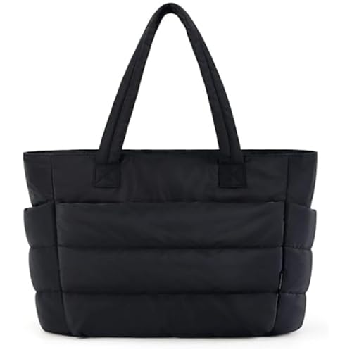Dujuanus Handtasche Damen Groß Puffer, Puffer Schultertaschen, Gesteppte Tasche Stepptasche mit Reißverschluss, Hobo Bag Handtasche für Einkaufen Schule Reisen Arbeit (Black) von Dujuanus