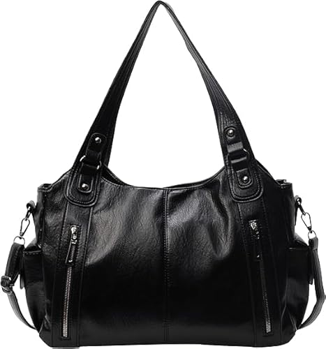 Dujuanus Handtasche Vintage Damen City Bag Slouchy Tote Bag Große Schultertasche PU-Leder Uni Tasche Punk-Stil Umhängetasche Frau (Black) von Dujuanus