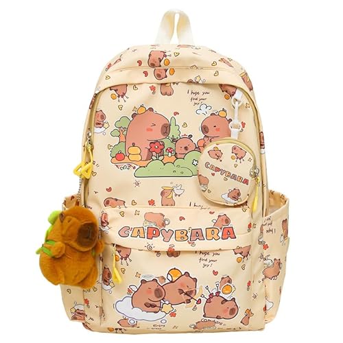 Dujuanus Rucksack für Die Schule Kawaii, Capybara Rucksäcke, Rucksack Damen Schulrucksack Mädchen Teenager, mit Zubehör und Geldbörse (Gelb) von Dujuanus